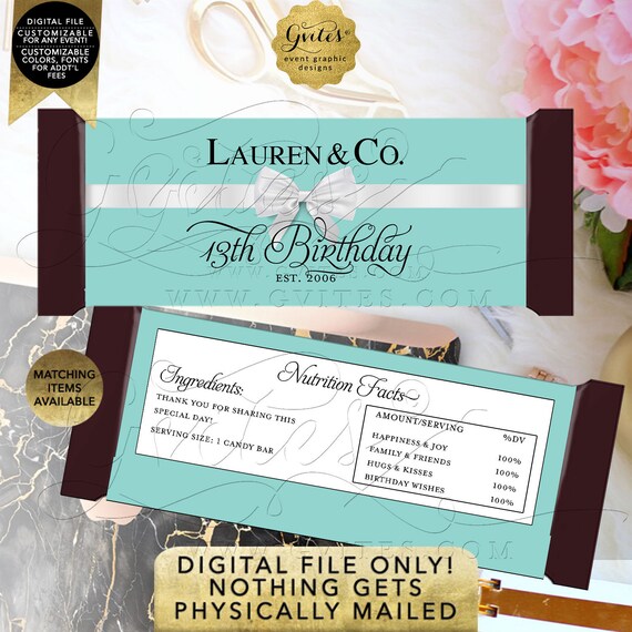 13th Candy Bar Wrappers Birthday | Personalized Party Favors Breakfast Customizable Text/ Colors & Fonts 2 Per Sheet 5.25x5.75{Satin Ribbon}