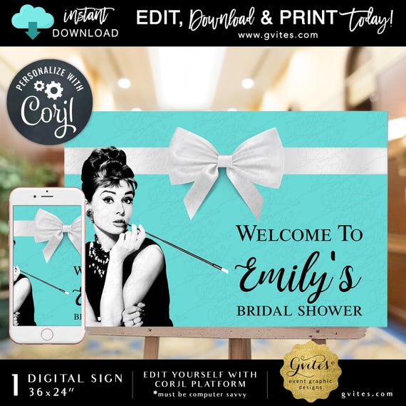 Audrey Hepburn Poster Banner Bridal Shower Printable Sign / Breakfast Blue Theme 36x24"