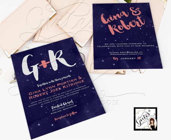 Navy Blue and Coral Wedding Invitation | double sided 5x7