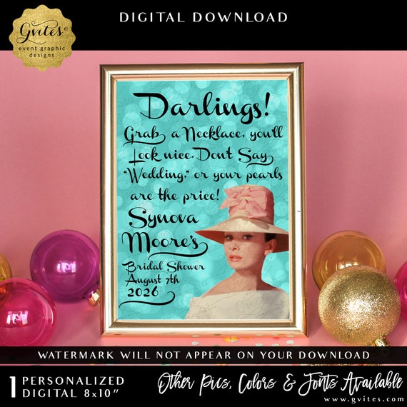 Don't Say Wedding 8x10" Personalized Pearl Necklace Game Sign | Audrey Hepburn Party Sign