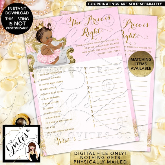 The Price is Right Pink Gold Cards Princess Baby Shower INSTANT DOWNLOAD Med/ Brunette {White/ Gold Feathers} | Design: CWCHS-104