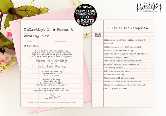 Library card wedding invitation | pink and gray book theme invitation printable | digital wedding theme/ 5x7
