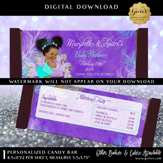 Candy Bar Personalized Wrapper Violet Purple Aqua Blue Lilac Watercolor Feathers. 2 Per/ Sheet 5.25 x 5.75"