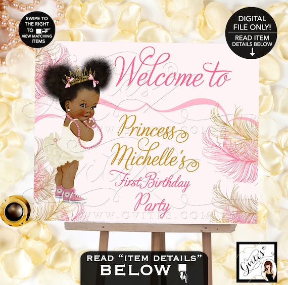 Pink and Gold First Birthday Welcome Signs/ Ethnic Baby Princess Ruffle Pants Hot Pink Sneakers Pearls Gold Crown/ African American Baby