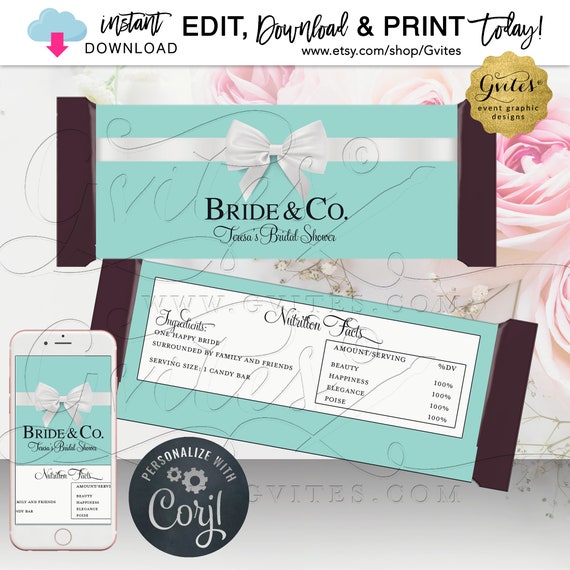 Candy Bar Wrapper Bride & Co Blue Theme. Instant Download. {5.25x5.75 Fits 1.55 oz Chocolate Bar}