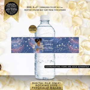 Etichette per acqua con diamanti in denim BABY SHOWER/adesivi afro-americani favorisce regali sbuffi afro 8x2" 5 per/foglio