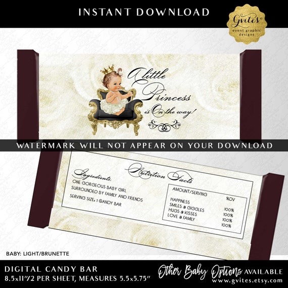 Candy Bar Wrapper Princess is On The Way Printable/Digital | Baby: Light/Brunette | 5.5x5.75"/2 Per Sheet | Instant Download
