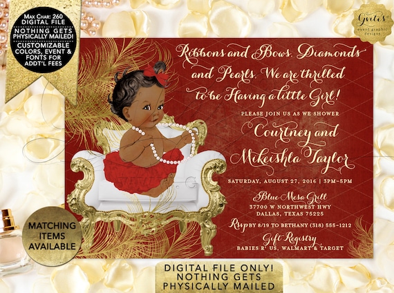 Red and Gold Baby shower invitations African American ribbons bows diamonds pearls/ vintage girl tutu invite digital. 7x5" {Gold Feathers}