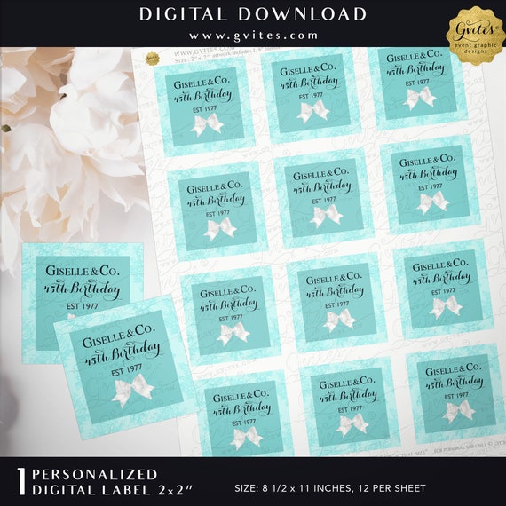 45th Birthday Personalized Vintage Blue Favor 2x2" Labels/Tags/Stickers for Party Favors by Gvites