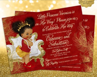 Afro Puff Princess Red Gold White Invitation Digital.