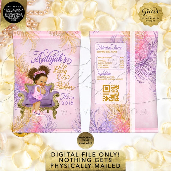 Chip Bag Favors Purple Gold Baby Shower African American Princess Afro Bun Puffs Tiara | Digital PDF + JPG By Gvites Design: TIACH-118