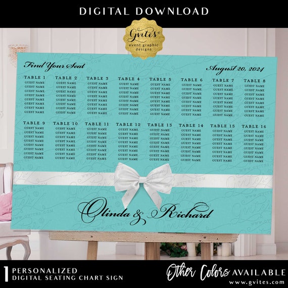 Personalized Seating Chart Turquoise Blue White Bow Printable Poster Sign | Digital PDF + JPG