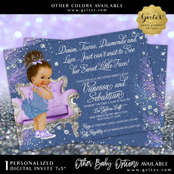 Lavender Silver Denim Diamond Baby Shower Printable Invitation | Afro Princess Baby Girl Theme