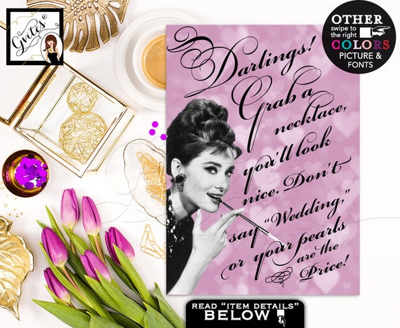 Don't say wedding Audrey Hepburn pearl necklace game/ breakfast at bridal shower games/ purple lavender Audrey. 4x6 or 5x7 DIGITAL FILE