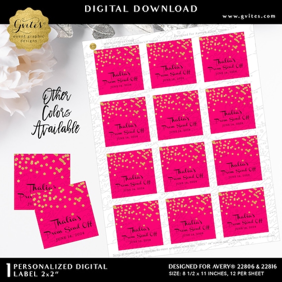 Lux Pink & Gold Confetti Labels Party Favors Candy Bar Wrapper 2x2" Printable.
