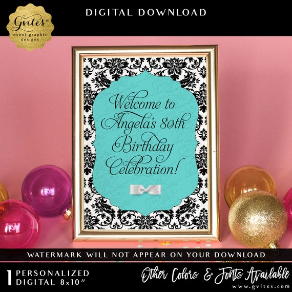 Elegant Black & Blue 80th Birthday Welcome Table Sign Digital Download | Customizable Text 8x10"