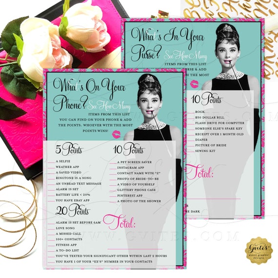 Audrey Hepburn Bridal Games Instant Download | Pink Breakfast Bridal Shower | What's in your Purse | What's on your Phone | 5x7"