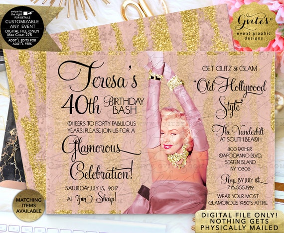 Marilyn Monroe Style 40th Birthday Invitations | Blush Pink Rose Gold Hollywood Invites | 1950's style | Printable 7x5" Double Sided.