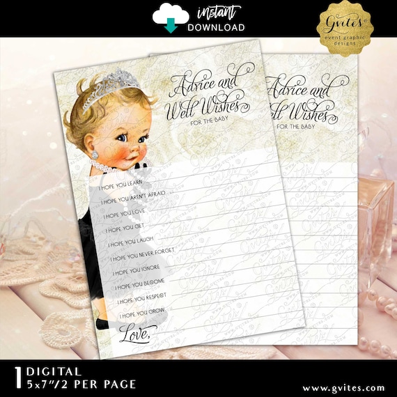 Princess Baby Shower Advice Card Ivory Black & Gold | Instant Download 5x7"