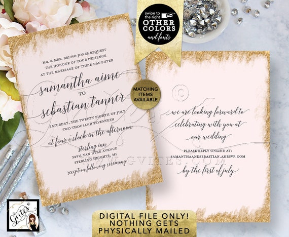 Pink & Gold Glitter Wedding Invitations Printable Template | Digital Invitation Bridal | Modern Calligraphy Font Invites 5x7" Double Sided.