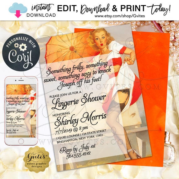 Lingerie Shower Invitation Pin Up Girl | 1950's Something Frilly Something Sweet. Editable Template | Instant Download 5x7" Double Sided