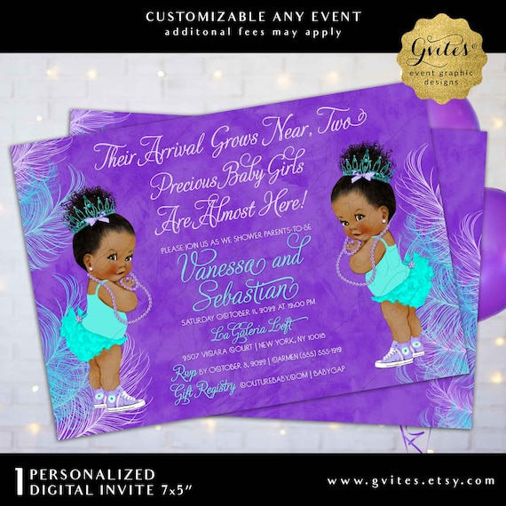 Violet Purple Aqua Blue Lilac Watercolor Feathers. Princess Twins Baby Shower Invitation Tiaras Tutus Diamonds & Lace 7x5" by Gvites