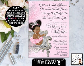 Princess Pink & Silver Baby Shower Printable Invitation | Afro Puffs Bun Ethnic Girl.