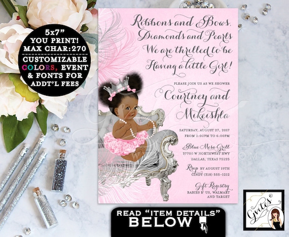 Princess Pink & Silver Baby Shower Printable Invitation | Afro Puffs Bun Ethnic Girl.