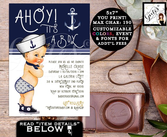 Ahoy It's A Boy! Nautical Theme Baby Shower Printable Invitation. Navy Blue and White Stripes