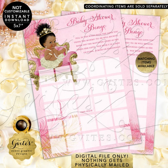 Baby Shower Bingo Printable Game Cards, Pink Ivory and Gold Princess, African American, Afro Bun Tiara INSTANT Download 5x7/2 per sheet