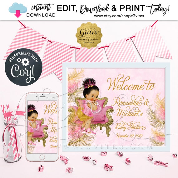 Printable Pink Gold Welcome Sign. Afro Puffs Princess Decorations Baby Shower Girl {Size 14x11" & 10x8"}