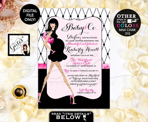 Pink and Black Baby Shower Invitations/ Paris Fashion Designer/ Elegant Printable Invites/ 5x7"