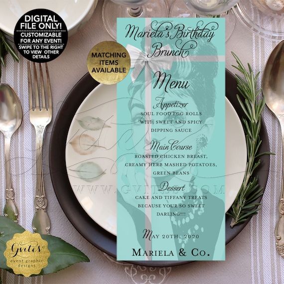 Audrey Hepburn Birthday Menu Card For Any Event. 4x9" Digital File