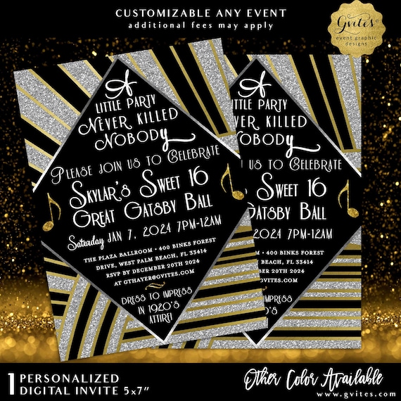 Great Gatsby Sweet 16 Printable Birthday Invitation / Gold and Black Party Digital File.