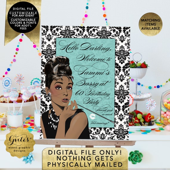 Audrey Hepburn Welcome Birthday Party Signs/ Personalized Posters Digital/ Printable/ African American Breakfast at Name Co.