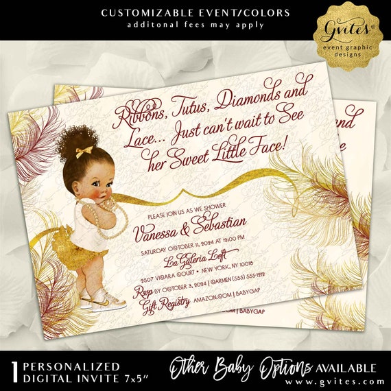 Burgundy Ivory & Gold Printable Invitation | Ribbons Tutus Diamonds and Lace..Just can't wait to see her sweet little face | 7x5" PDF + JPG