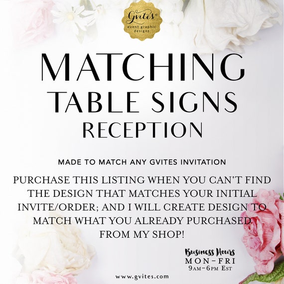 Matching Table Signs Decorations Add-on - To Coordinate with any Gvites invitation design {Size(s) Available: 6x4, 7x5, 10x8}