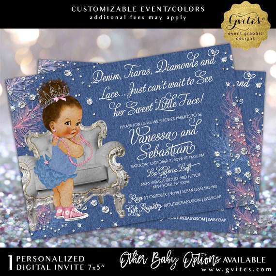 Denim, Tiaras, Diamonds and Lace...Just Can't wait to see her sweet little face! Denim and Diamonds Baby Shower Printable Invitation.