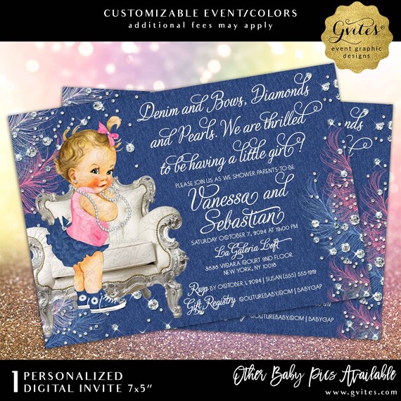 Denim and bows diamonds and pearls theme baby shower digital invitation 7x5"