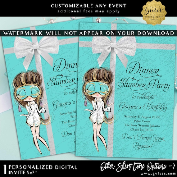 Dinner Slumber Party Birthday Invitation Breakfast at Blue Theme | Digital Download 5x7"