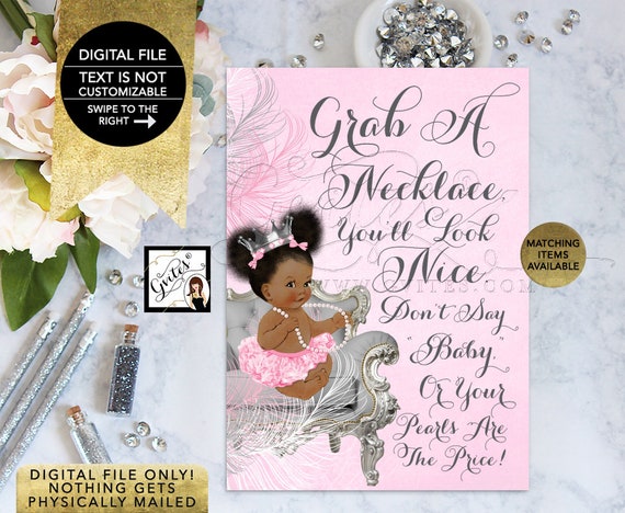 Baby Shower Game | Grab a necklace you'll like nice don't say baby or your pearls are the price. Instant Download 5x7" Dark Puffs Baby