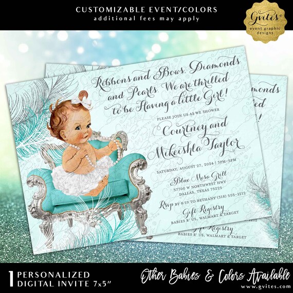 Turquoise Silver White Baby Shower Invitation | Ribbons Bows Diamonds Pearls, We are thrilled to be having a little girl | Digital 7x5