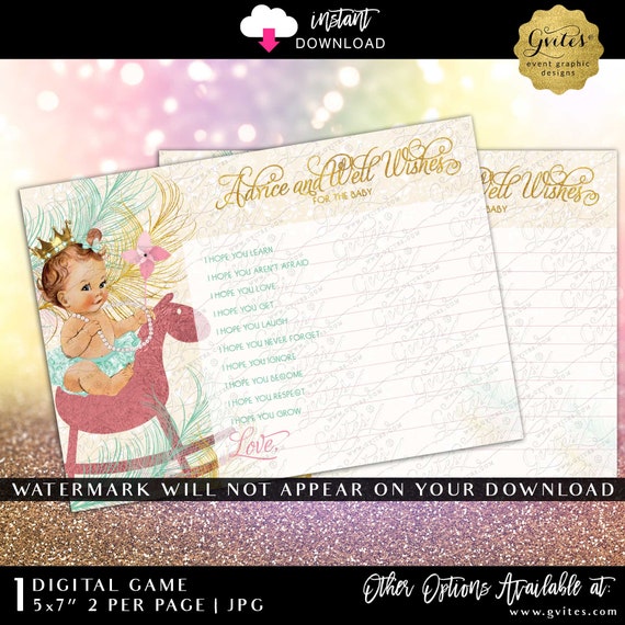 Printable Baby Shower Wish Cards | Advice for Baby Mint Gold Pink | Little Princess Gold Crown Pink Rocking Horse | JPG Instant Download