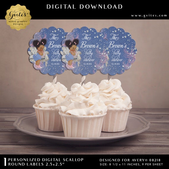 Cupcake Toppers Baby Shower | Custom Denim and Diamonds Afro Puffs Girl | 2.5x2.5"/ 9 Per Sheet {Avery® 08218}