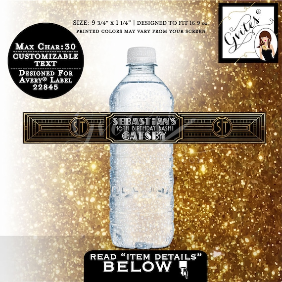 Great Gatsby Water Labels Teen 16th Birthday Personalized Party Favor Sticker