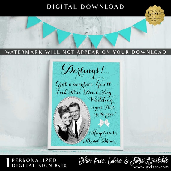 Blue Coed Bridal Sign | Personalized Pearl Necklace Game Sign | Audrey Hepburn Party Sign Don't Say Wedding 8x10"