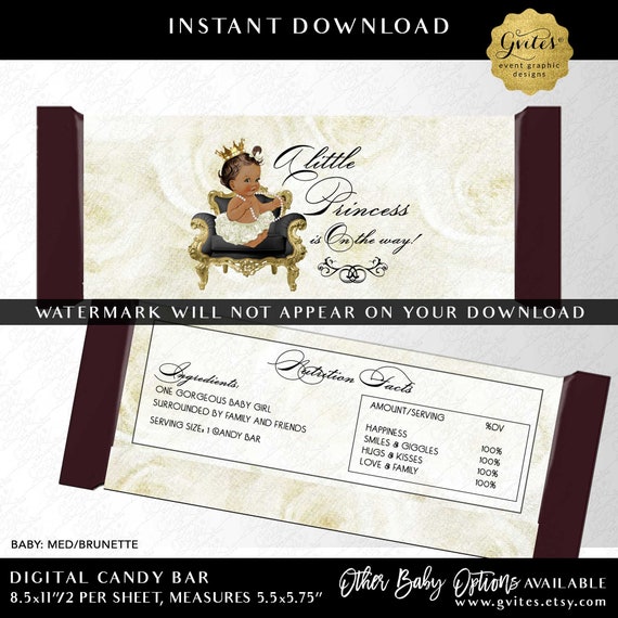 Candy Bar Wrapper | A Little Princess is On The Way | Baby Girl African American Med/Brunette | 5.5x5.75"/2 Per Sheet | Instant Download