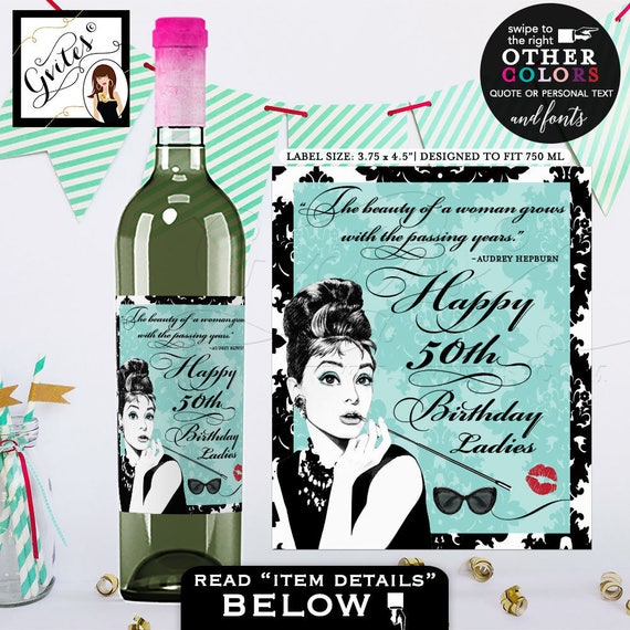 Audrey Hepburn Party Favors | Happy Birthday Wine Labels | Digital File JPG + PDF | by Gvites