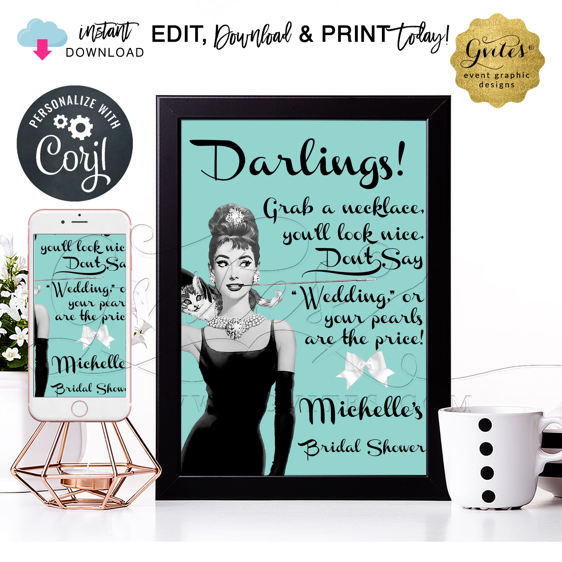 Personalized Pearl Necklace Game Sign Bridal shower Audrey Hepburn