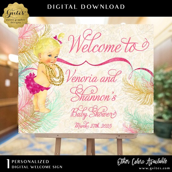 Welcome Sign | Sparkly Feathers Mint Pink & Gold Baby Shower | Light/Blonde Girl